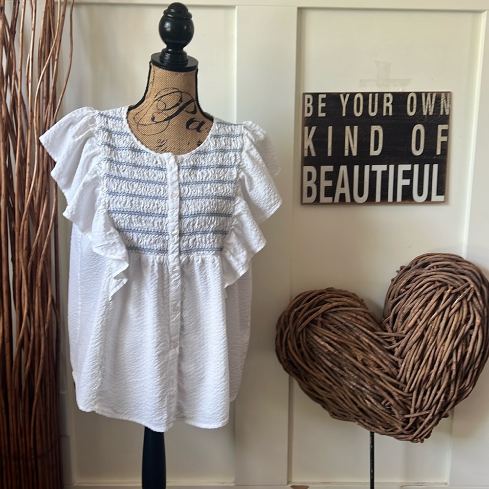 Jane and Delancey White Seersucker Smocked in Blue Ruffled Top